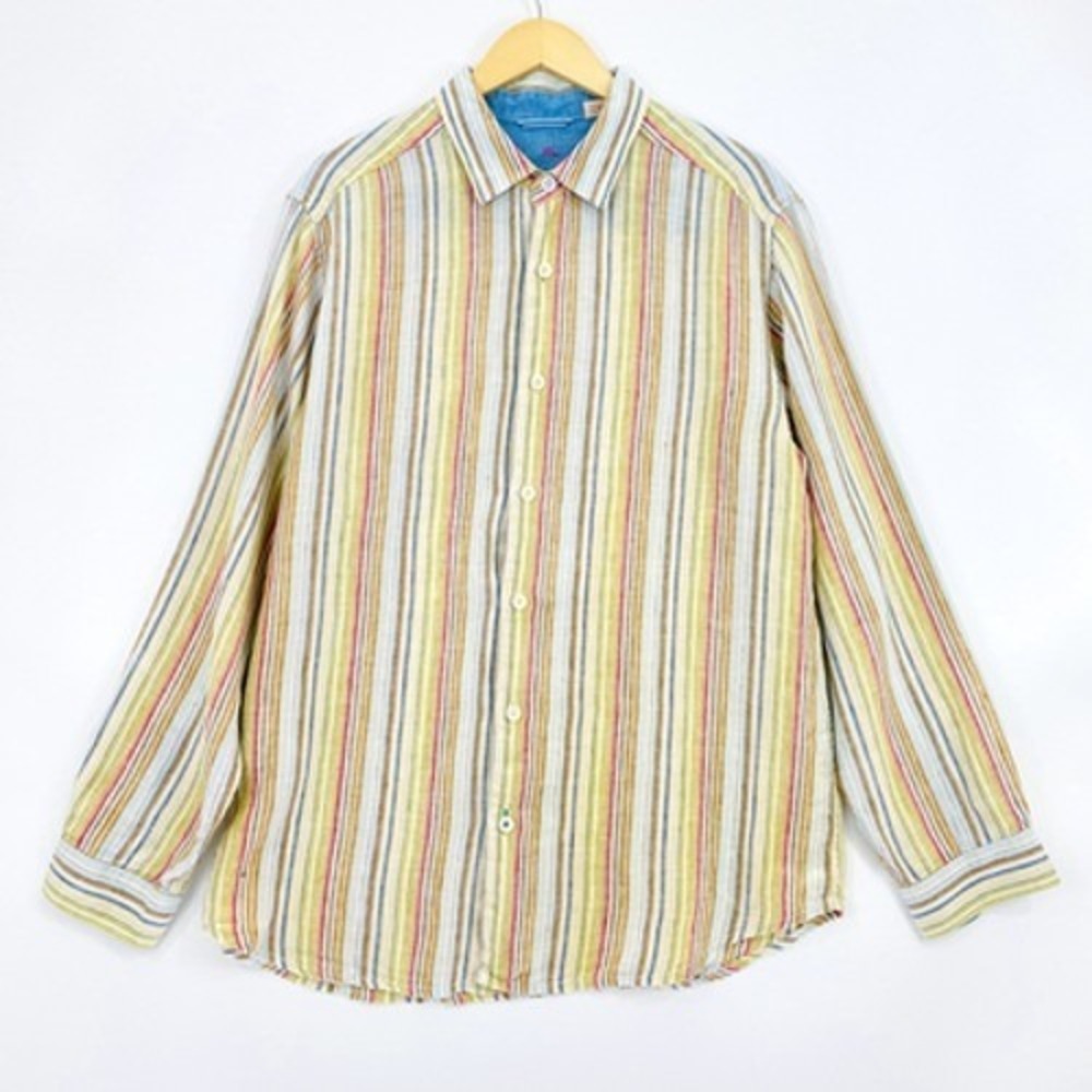 Tommy Bahama Shirt Mens Large Multicolor Stripe Linen Relax Fit Vacation Resort
